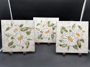Set of 3 Vintage Hand Painted Italian Ceramic Art Tiles 8x8 White Daisy Floral